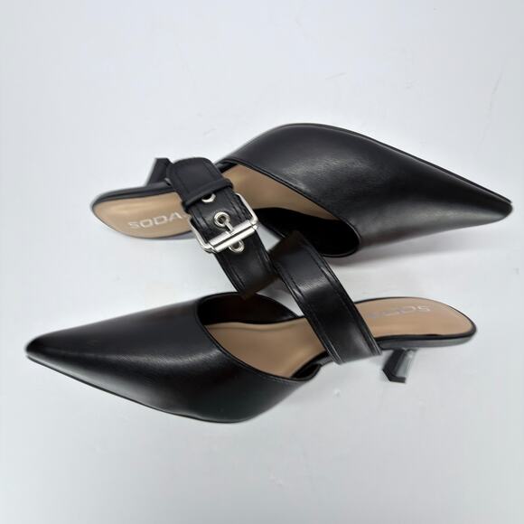 Soda Black Pointed Toe Mules Kitten Heels Buckle Straps Sze 8.5 Slip On Business - Picture 3 of 10